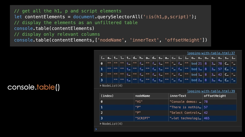 使用 console.table() 及其过滤选项的代码示例