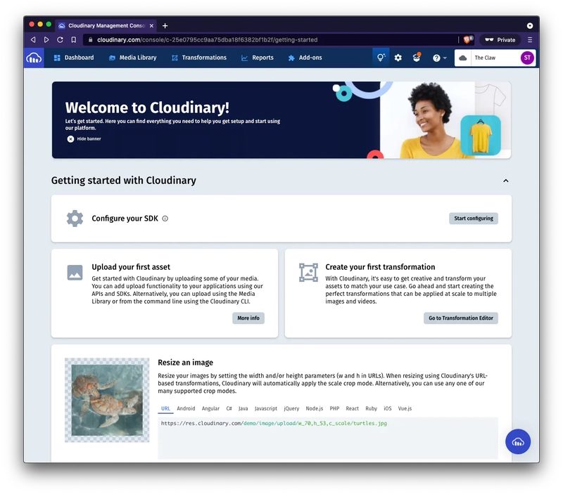 这是您登录新帐户后看到的 Cloudinary 欢迎屏幕的屏幕截图。