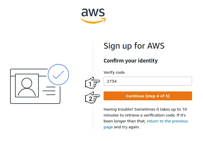 Amazon Cognito - 注册 AWS(继续执行第 4 步,共 5 步)