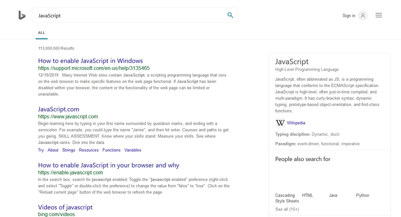 禁用 JavaScript 后的 Bing 搜索结果