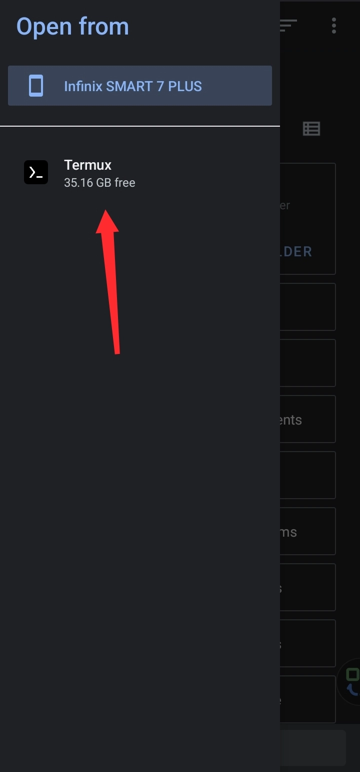 显示指向 termux 存储的箭头的屏幕截图