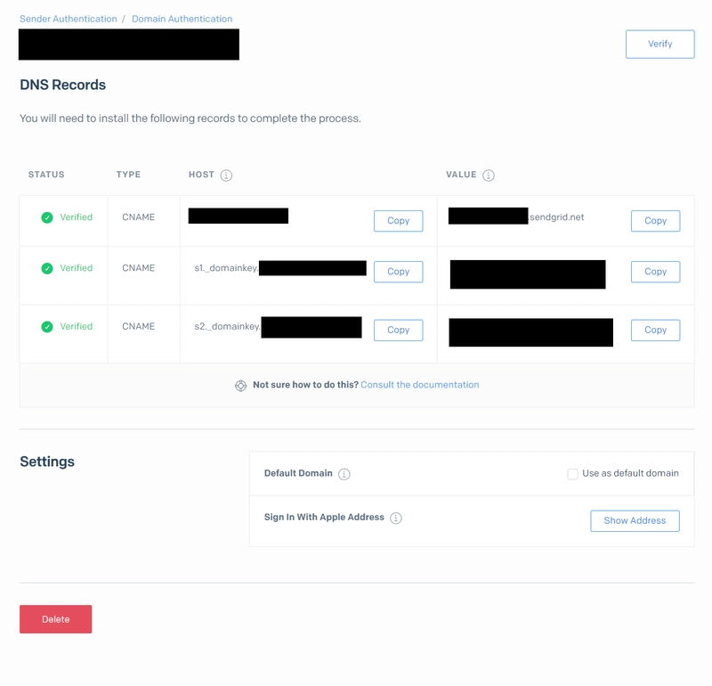 SendGrid DNS 条目