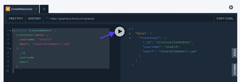 在 GraphQL Playground 上运行的 Mutation CreateNewUser