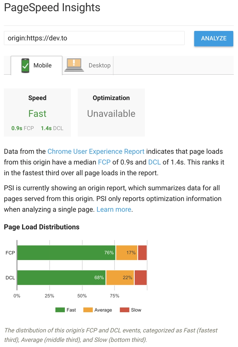 PageSpeed Insights 上的 dev.to