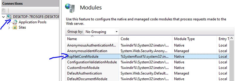 包含 AspNetCoreModule 的模块列表