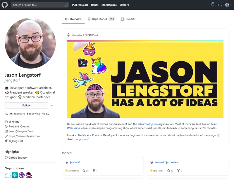 Jason Lengstorf 的 GitHub 个人资料截图