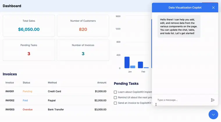 使用 CopilotKit 中的生成式 UI 添加和删除发票