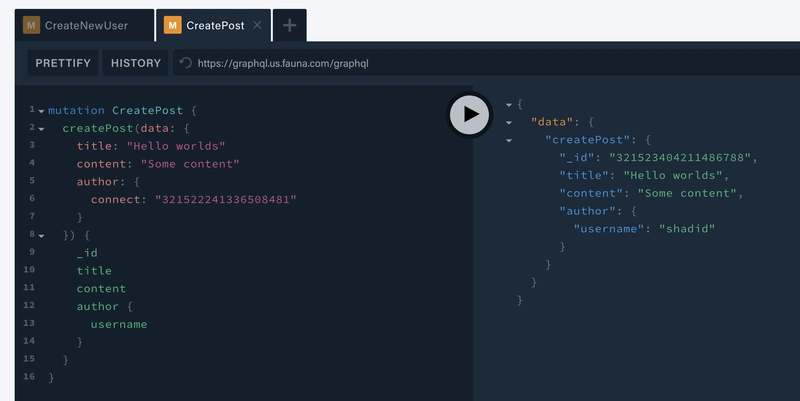 在 GraphQL Playground 上运行的 post mutation