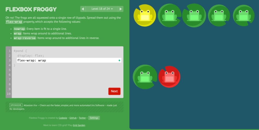 Flexbox Froggy 是一款免费游戏，教你如何使用 Flexbox CSS 规则。将青蛙移动到正确的荷叶上。