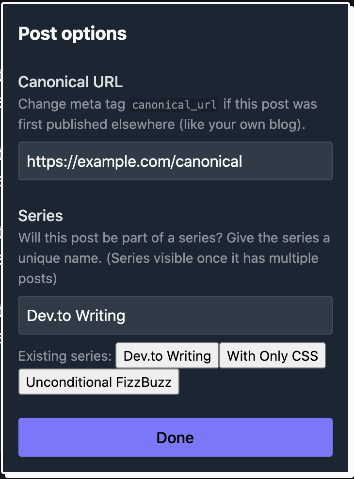Dev.to 系列和规范 URL 编辑器弹出窗口