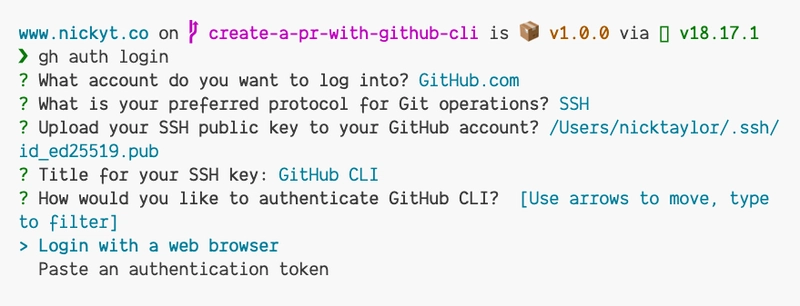 GitHub CLI 提示您通过浏览器或令牌登录 GitHub。