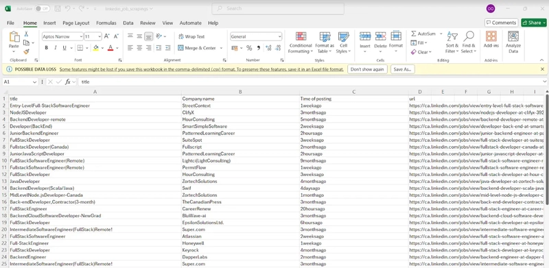 包含所有已抓取的 LinkedIn 职位的 CSV 文件