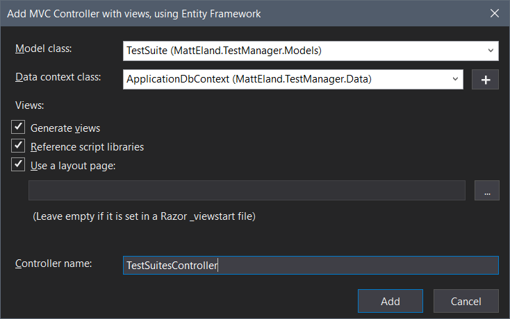 添加 MVC 控制器对话框，并将 TestSuite 指定为模型类