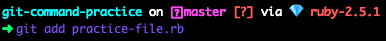 命令 git add practice-file.rb 的终端截图