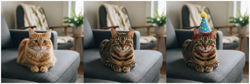 图片展示了原图中的猫,第一次修改后将其改为孟加拉猫,第二次修改后则展示了正在睡觉的孟加拉猫。