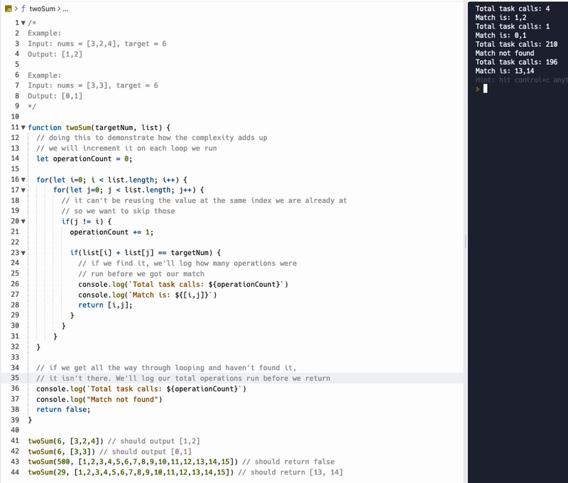 repl.it 的图片，其中的 JavaScript 代码包含嵌套循环