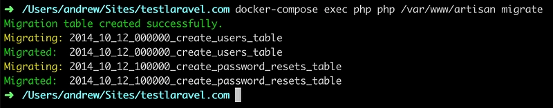 运行 docker-compose migration 命令后的终端屏幕截图