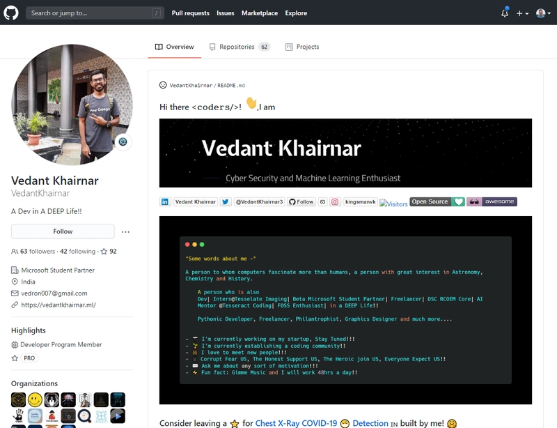 Vedant Khairnar 的 GitHub 个人资料截图
