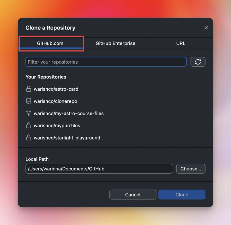 克隆仓库 GitHub 选项卡