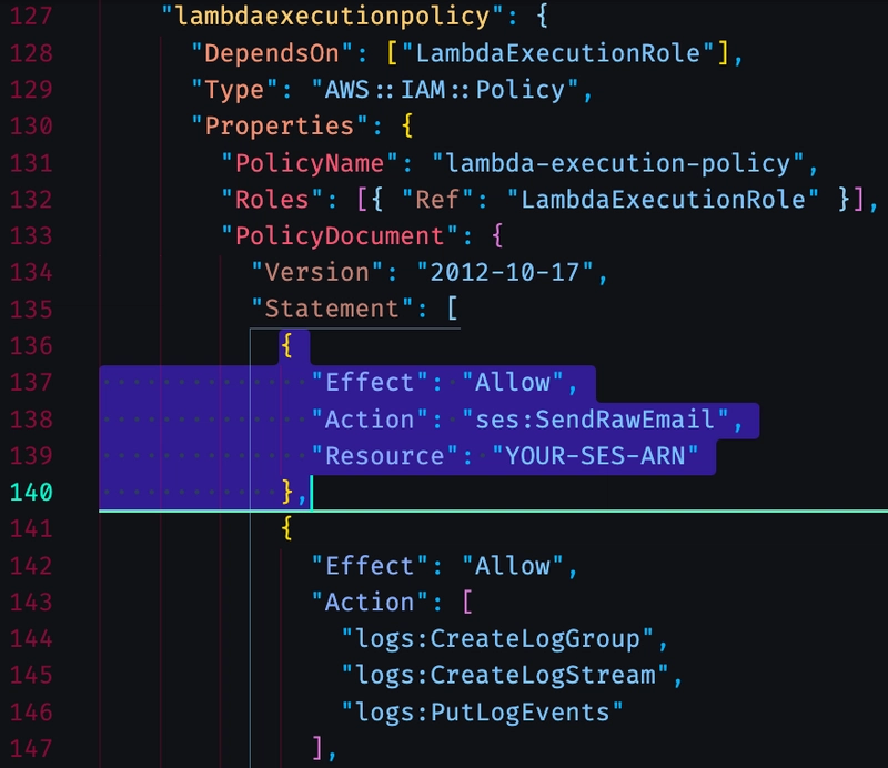 带有 ses sendRawEmail 权限的 lambda 策略