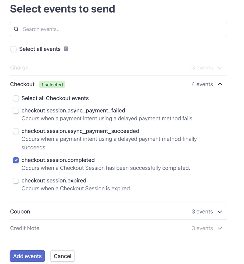 选择 Stripe Webhook 事件