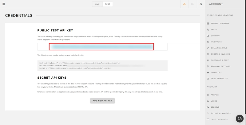 Snipcart 帐户 API 密钥设置