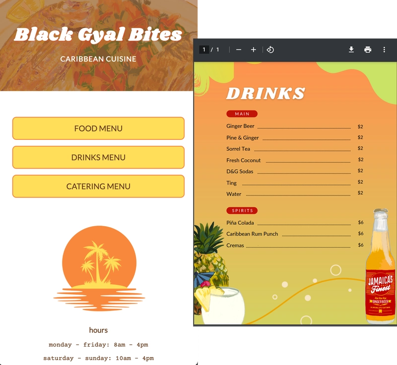 网站截图，上面有 3 个按钮，分别为：食物菜单、饮料菜单和餐饮菜单。右侧是饮料菜单的截图