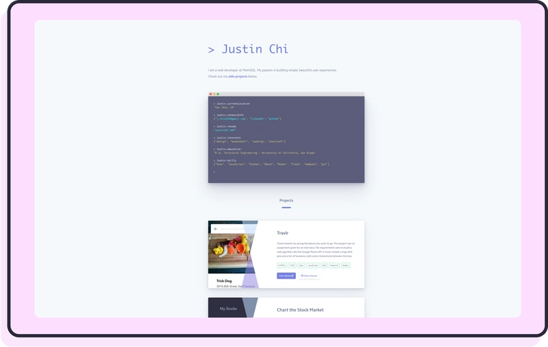Justin 作品集的屏幕截图，以 JavaScript 符号在终端中显示他的信息