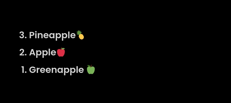 以相反的顺序列出从 3 开始到 1 结束的数字，而不是从 1 到 3