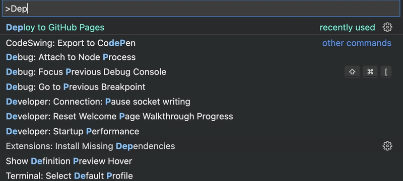 在命令面板中部署到 GitHub Pages 扩展