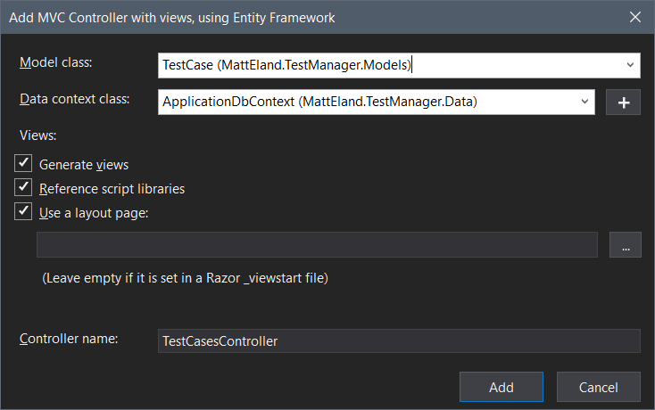 添加 MVC 控制器对话框，并将 TestCase 指定为模型类