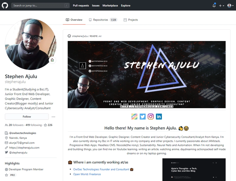 Stephen Ajulu 的 GitHub 个人资料截图